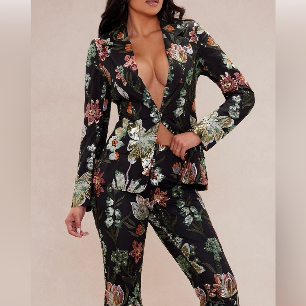Floral Embroidered Black Pantsuit